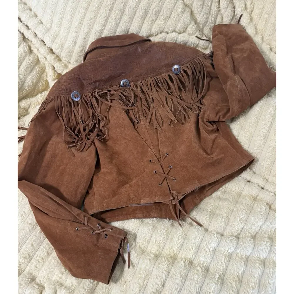Women’s Vintage 80’s Fringe Leather Jacket Brown Western Express Size Large - Picture 7 of 16